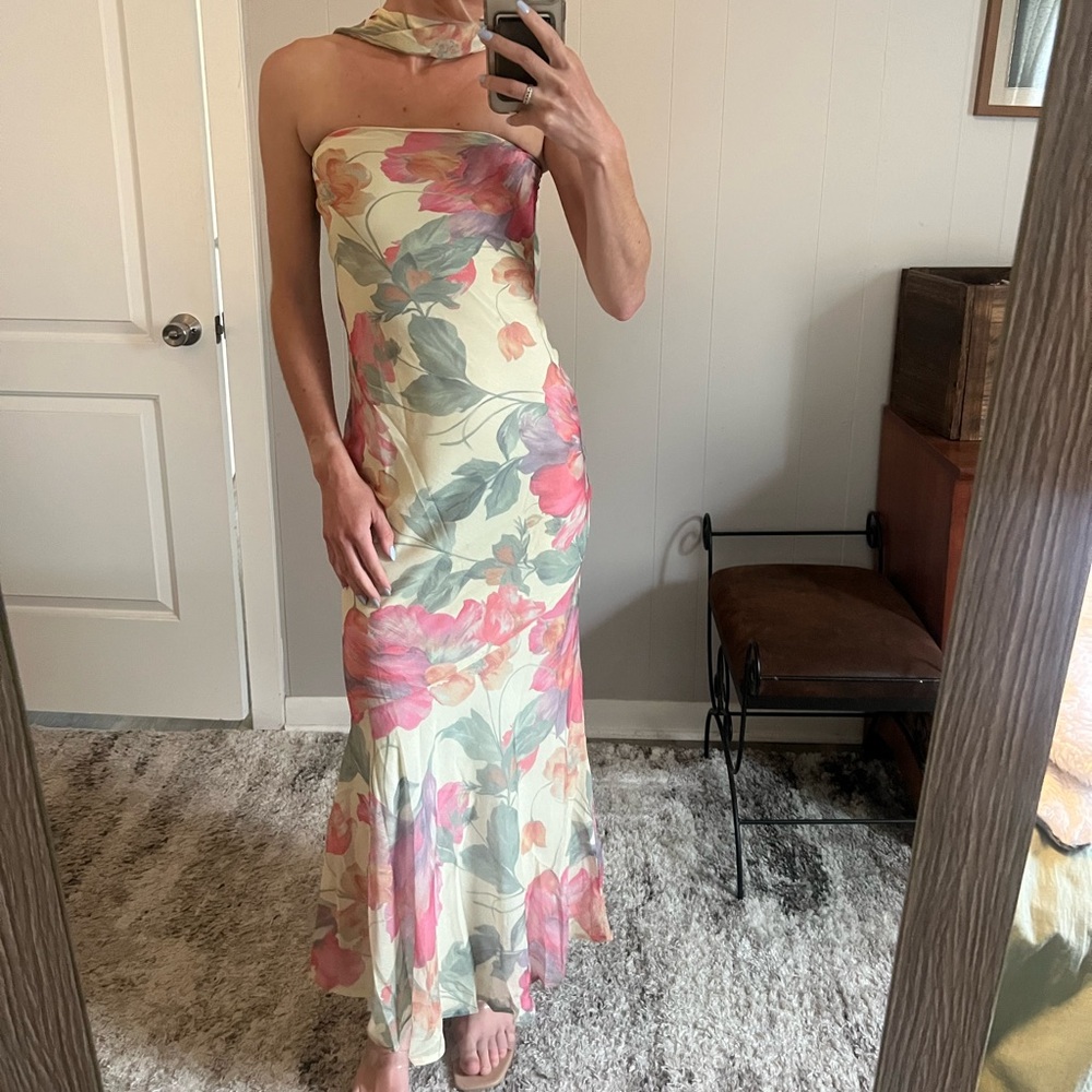 Peppermayo Butter Yellow Floral Strapless Dress with Scarf